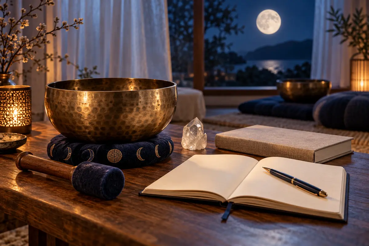 Moonlit singing bowls and learning materials representing Mangetsu healing courses